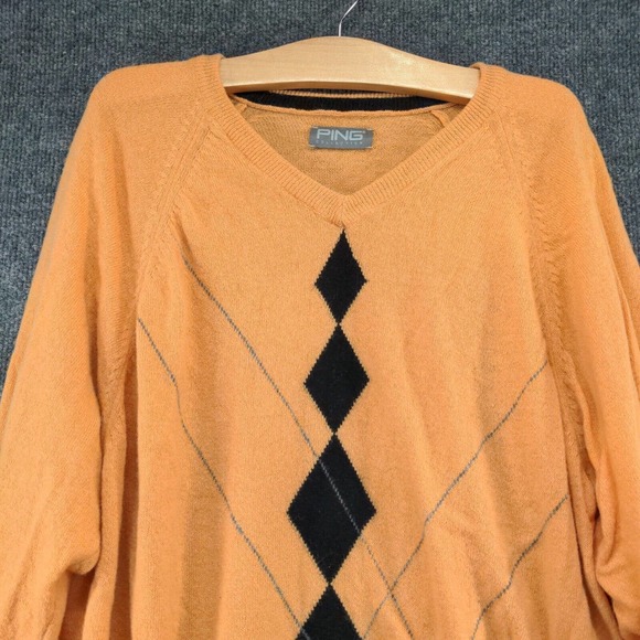 Ping Collection Men's Knit Sweater Orange M Argyle Diamond V-Neck - Picture 3 of 12